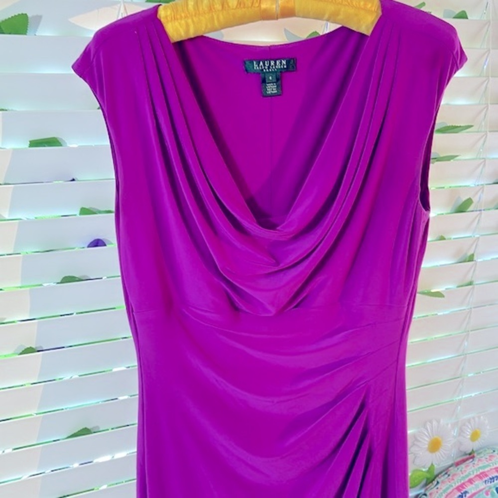 Lauren Ralph Lauren sleeveless magenta dress with softly draped neckline